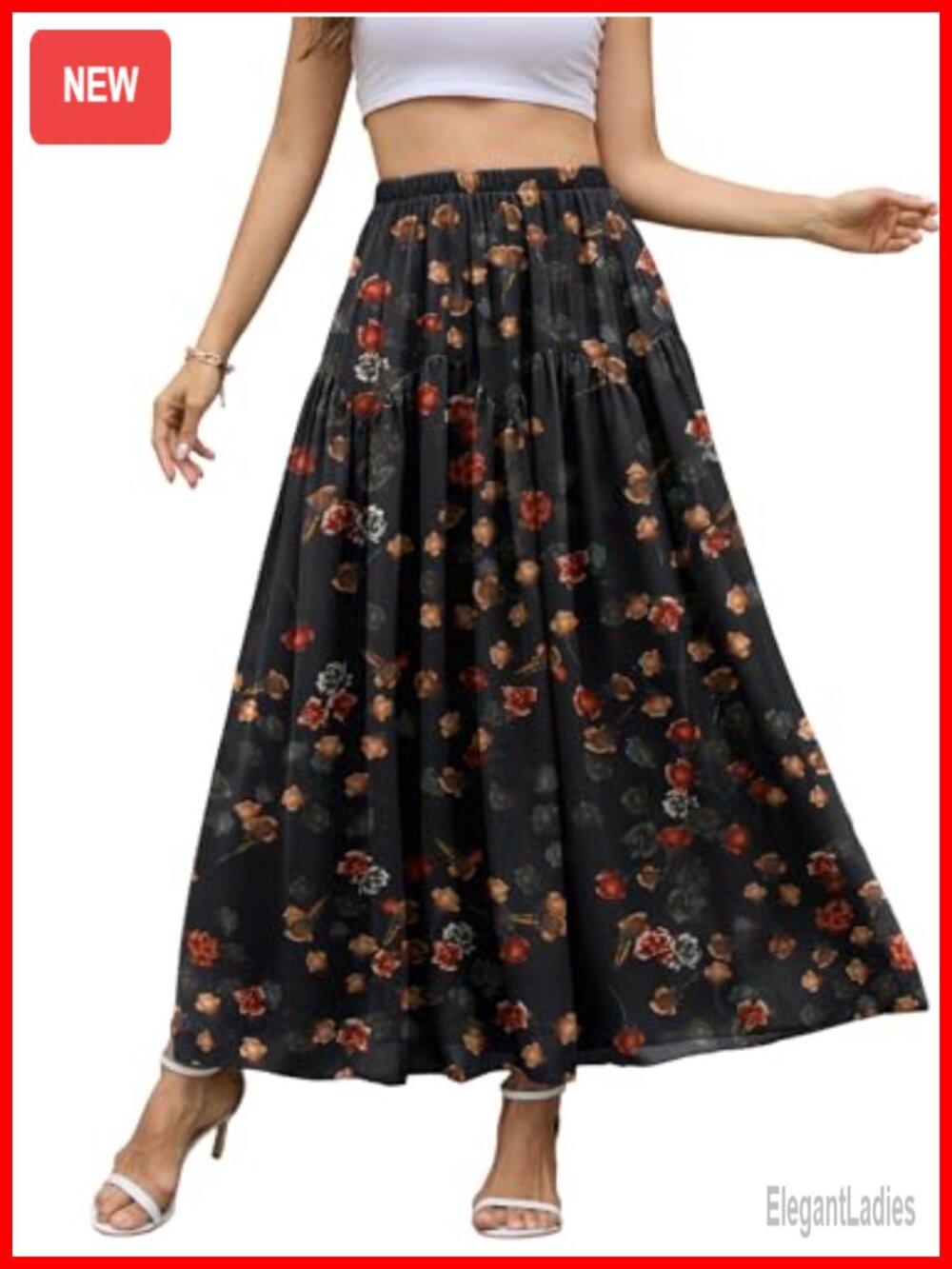 Chiffon Maxi Skirt A-Line High Waisted Elastic Pleated Flowy Long Skirt